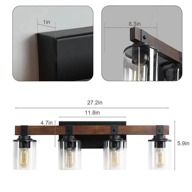 Alt view image 2 of 7 - Farmhouse Vanity Light Fixture, 4-Light Bathroom Wall Sconce with Black Frame and Walnut Accents, Featuring Clear Glass Shades for Bathrooms, Washrooms, Kitchens, and Diningrooms (No Bulbs)