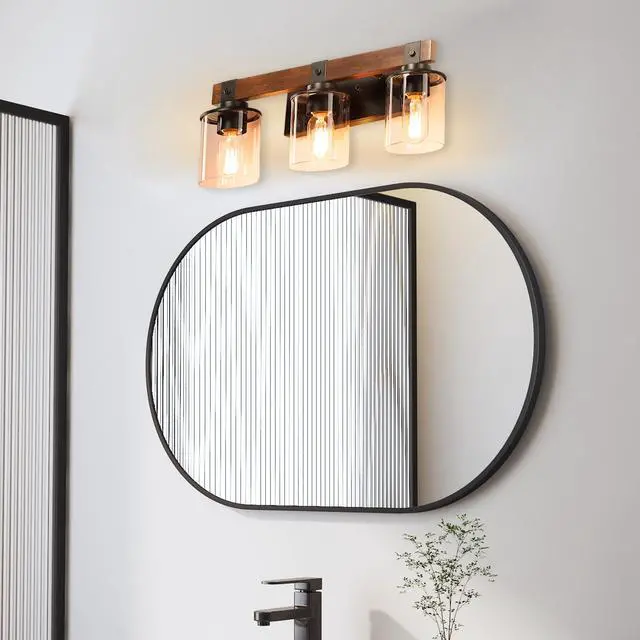 Alt view image 7 of 7 - Farmhouse Vanity Light Fixture, 3-Light Bathroom Wall Sconce with Black Frame and Walnut Accents, Featuring Clear Glass Shades for Bathrooms, Washrooms, Kitchens, and Diningrooms (No Bulbs)