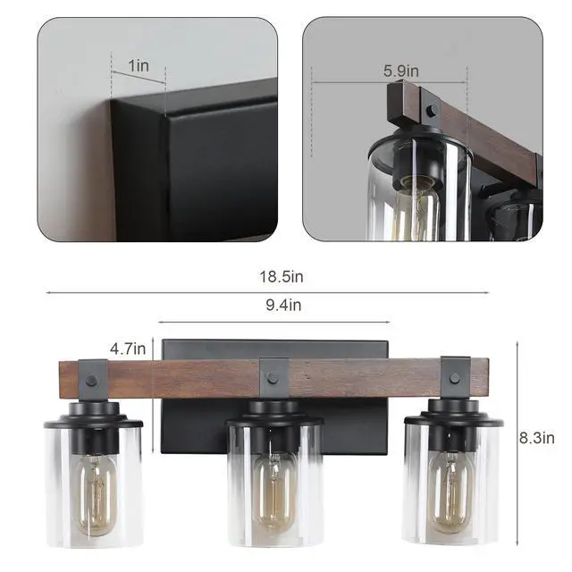Alt view image 5 of 7 - Farmhouse Vanity Light Fixture, 3-Light Bathroom Wall Sconce with Black Frame and Walnut Accents, Featuring Clear Glass Shades for Bathrooms, Washrooms, Kitchens, and Diningrooms (No Bulbs)