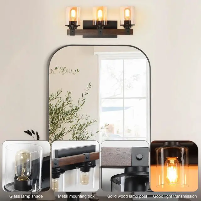 Alt view image 2 of 7 - Farmhouse Vanity Light Fixture, 3-Light Bathroom Wall Sconce with Black Frame and Walnut Accents, Featuring Clear Glass Shades for Bathrooms, Washrooms, Kitchens, and Diningrooms (No Bulbs)