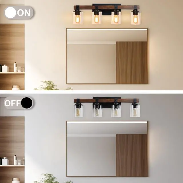 Alt view image 3 of 7 - Farmhouse Vanity Light Fixture, 4-Light Bathroom Wall Sconce with Black Frame and Walnut Accents, Featuring Clear Glass Shades for Bathrooms, Washrooms, Kitchens, and Diningrooms (No Bulbs)