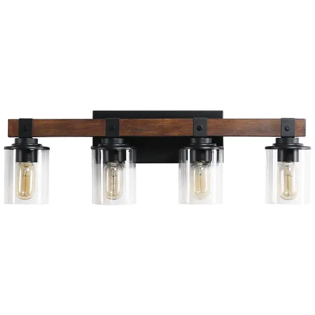 Alt view image 5 of 7 - Farmhouse Vanity Light Fixture, 4-Light Bathroom Wall Sconce with Black Frame and Walnut Accents, Featuring Clear Glass Shades for Bathrooms, Washrooms, Kitchens, and Diningrooms (No Bulbs)