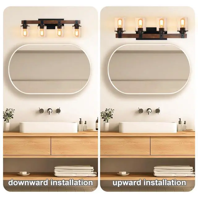 Alt view image 4 of 7 - Farmhouse Vanity Light Fixture, 4-Light Bathroom Wall Sconce with Black Frame and Walnut Accents, Featuring Clear Glass Shades for Bathrooms, Washrooms, Kitchens, and Diningrooms (No Bulbs)