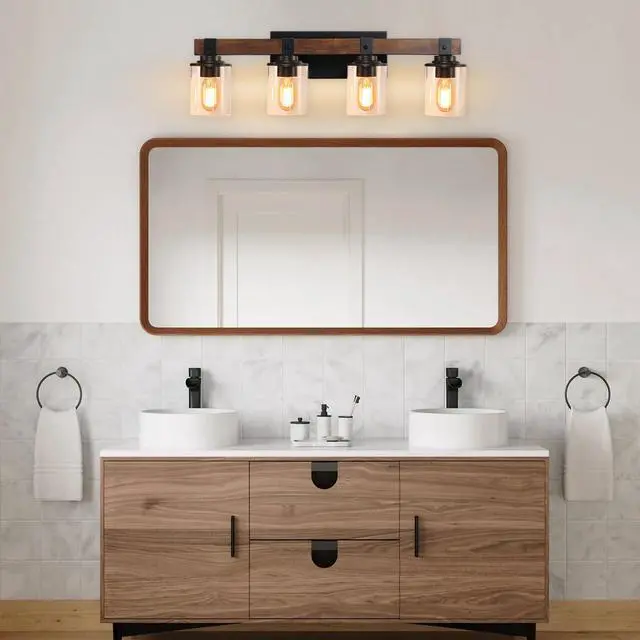Alt view image 7 of 7 - Farmhouse Vanity Light Fixture, 4-Light Bathroom Wall Sconce with Black Frame and Walnut Accents, Featuring Clear Glass Shades for Bathrooms, Washrooms, Kitchens, and Diningrooms (No Bulbs)