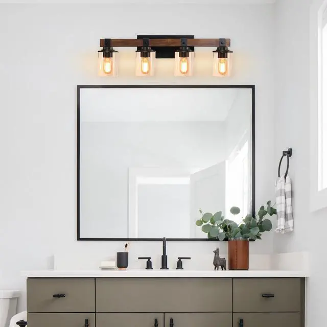 Alt view image 6 of 7 - Farmhouse Vanity Light Fixture, 4-Light Bathroom Wall Sconce with Black Frame and Walnut Accents, Featuring Clear Glass Shades for Bathrooms, Washrooms, Kitchens, and Diningrooms (No Bulbs)