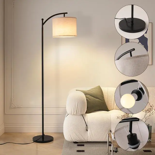 Alt view image 3 of 7 - Floor Lamps with 3 Color Temperatures, Black Standing Lamp with Remote and Fabric Shade, Modern-Style Floor Lamp, Farmhouse Tall Lamp for Bedroom, Over Couch Arched Reading Light