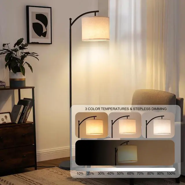 Alt view image 6 of 7 - Floor Lamps with 3 Color Temperatures, Black Standing Lamp with Remote and Fabric Shade, Modern-Style Floor Lamp, Farmhouse Tall Lamp for Bedroom, Over Couch Arched Reading Light
