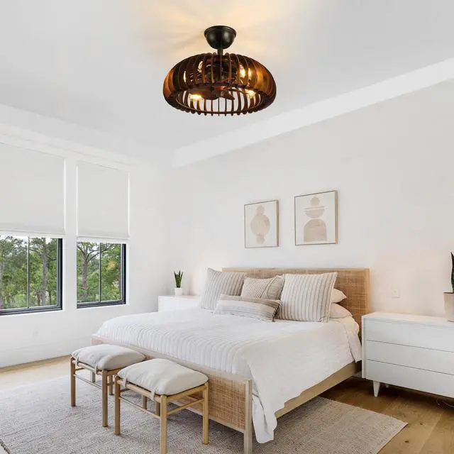 Alt view image 2 of 7 - 19" Wooden Ceiling Light, Hemispherical Ceiling Light with Handcrafted Wooden Sat Shade ,for Bedroom Hallway Living Room Kitchen,4-Light Wooden Chandelier, 3 Abs Blades