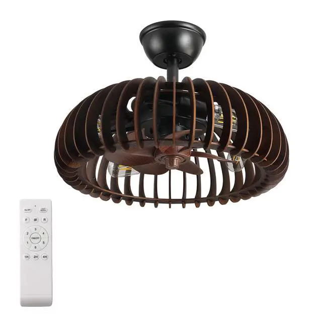 Alt view image 4 of 7 - 19" Wooden Ceiling Light, Hemispherical Ceiling Light with Handcrafted Wooden Sat Shade ,for Bedroom Hallway Living Room Kitchen,4-Light Wooden Chandelier, 3 Abs Blades