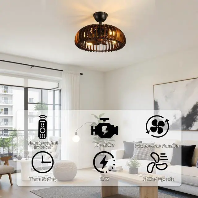 Alt view image 6 of 7 - 19" Wooden Ceiling Light, Hemispherical Ceiling Light with Handcrafted Wooden Sat Shade ,for Bedroom Hallway Living Room Kitchen,4-Light Wooden Chandelier, 3 Abs Blades