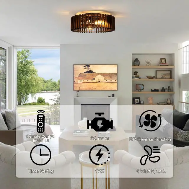 Alt view image 7 of 7 - Semi Flush Mount Ceiling Light, Ceiling Light with Handcrafted Wooden Sat Shade ,for Bedroom Hallway Living Room Kitchen,4-Light Wooden Chandelier, 3 Abs Blades