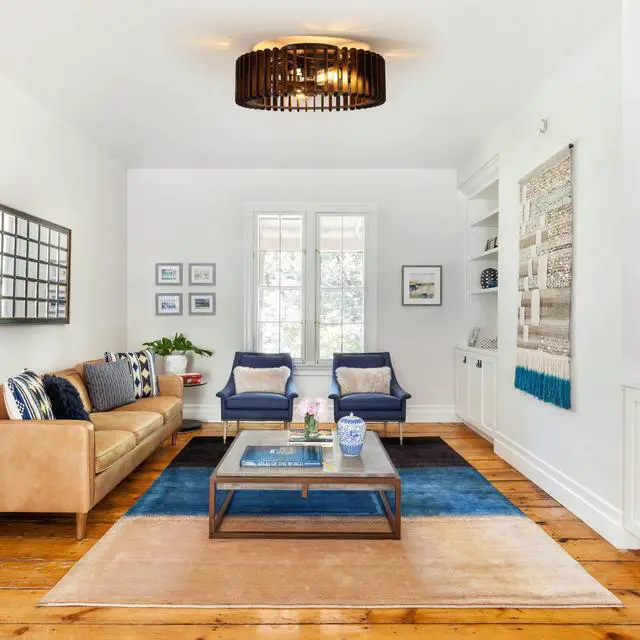 Alt view image 3 of 7 - Semi Flush Mount Ceiling Light, Ceiling Light with Handcrafted Wooden Sat Shade ,for Bedroom Hallway Living Room Kitchen,4-Light Wooden Chandelier, 3 Abs Blades