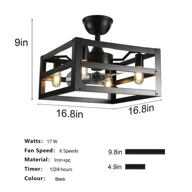 Alt view image 5 of 7 - 16" Modern Black Square Metal Frame 4-Light Chandelier , 3 Blades industrial Metal Pendant Light Fixture for The Living Room, Dining Room, Or Kitchen