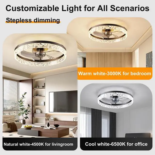 Alt view image 3 of 7 - 19.7" Ceiling Fans with Lights Remote and App Control, Dimmable 3-Color and 6-Speed Quiet Dc Motor, Black Ceiling Fan for Living Room Bedroom