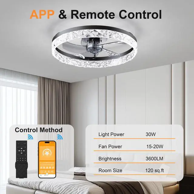 Alt view image 7 of 7 - 19.7" Ceiling Fans with Lights Remote and App Control, Dimmable 3-Color and 6-Speed Quiet Dc Motor, Black Ceiling Fan for Living Room Bedroom