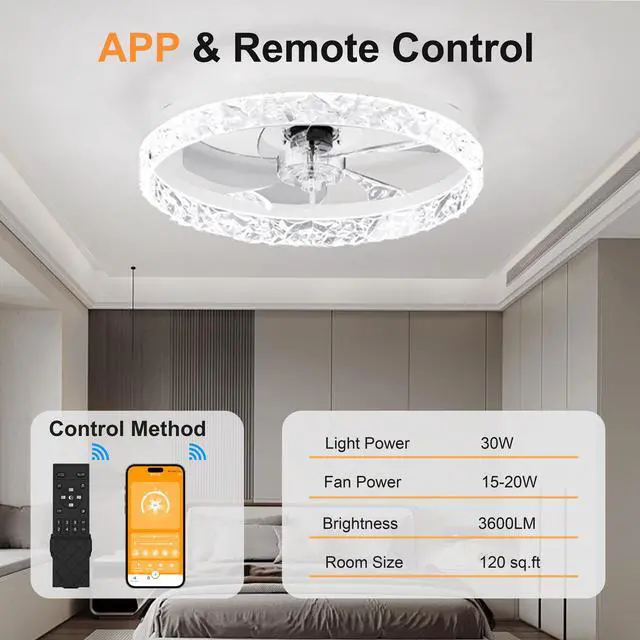 Alt view image 7 of 7 - 19.7" Ceiling Fans with Lights Remote and App Control, Dimmable 3-Color and 6-Speed Quiet Dc Motor, White Ceiling Fan for Living Room Bedroom