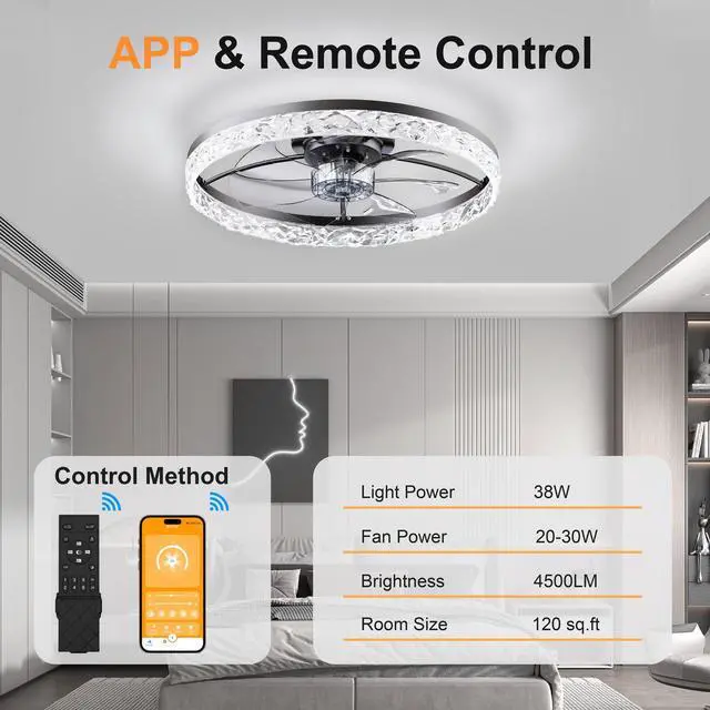Alt view image 3 of 7 - 23.6" Ceiling Fans with Lights Remote and App Control, Dimmable 3-Color and 6-Speed Quiet Dc Motor, Black Ceiling Fan for Bedroom Living Room