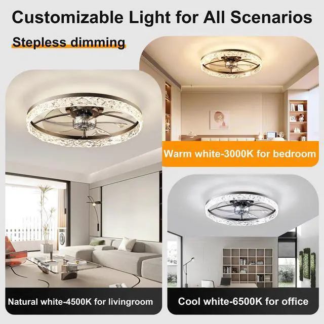 Alt view image 2 of 7 - 23.6" Ceiling Fans with Lights Remote and App Control, Dimmable 3-Color and 6-Speed Quiet Dc Motor, Black Ceiling Fan for Bedroom Living Room
