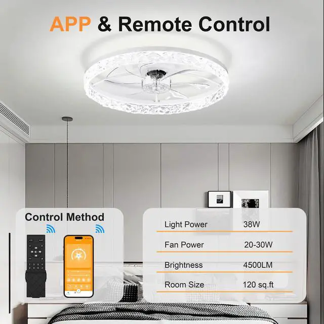 Alt view image 2 of 7 - 23.6" Ceiling Fans with Lights Remote and App Control, Dimmable 3-Color and 6-Speed Quiet Dc Motor, White Ceiling Fan for Bedroom Living Room