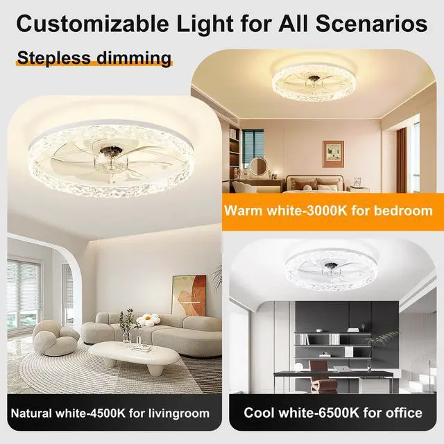 Alt view image 3 of 7 - 23.6" Ceiling Fans with Lights Remote and App Control, Dimmable 3-Color and 6-Speed Quiet Dc Motor, White Ceiling Fan for Bedroom Living Room