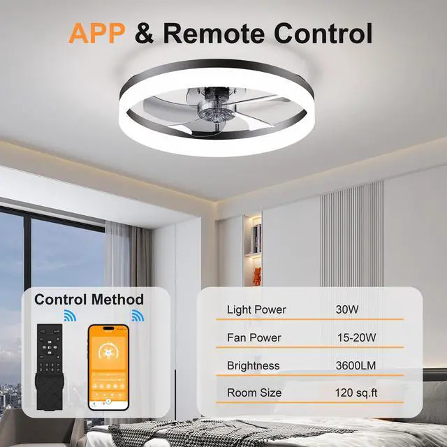 Alt view image 3 of 7 - 19.7'' Led Ceiling Fan Light with Remote & App Control, 6 Speeds, Dimmable, 3000K-6500K, Flush Mount Black Fandelier for Bedroom