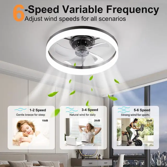 Alt view image 2 of 7 - 19.7'' Led Ceiling Fan Light with Remote & App Control, 6 Speeds, Dimmable, 3000K-6500K, Flush Mount Black Fandelier for Bedroom