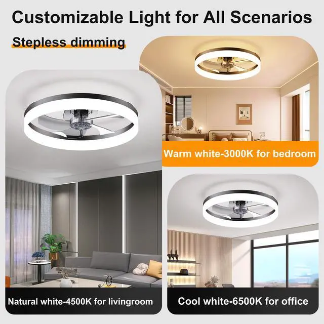 Alt view image 6 of 7 - 19.7'' Led Ceiling Fan Light with Remote & App Control, 6 Speeds, Dimmable, 3000K-6500K, Flush Mount Black Fandelier for Bedroom