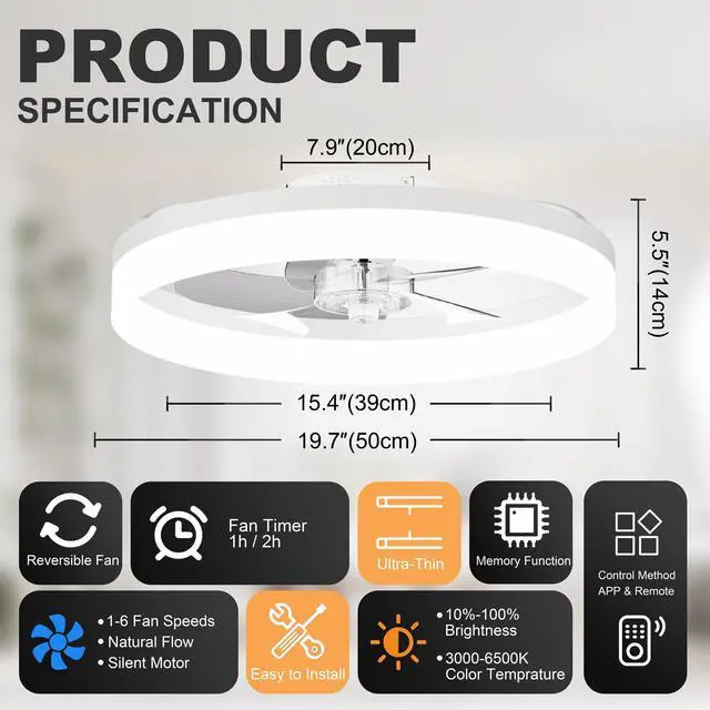 Alt view image 2 of 7 - 19.7'' Led Ceiling Fan Light with Remote & App Control, 6 Speeds, Dimmable, 3000K-6500K, Flush Mount White Fandelier for Bedroom