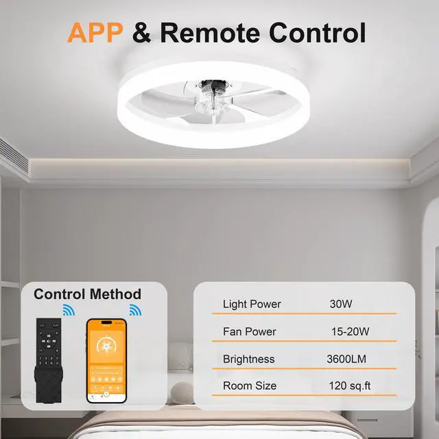 Alt view image 3 of 7 - 19.7'' Led Ceiling Fan Light with Remote & App Control, 6 Speeds, Dimmable, 3000K-6500K, Flush Mount White Fandelier for Bedroom