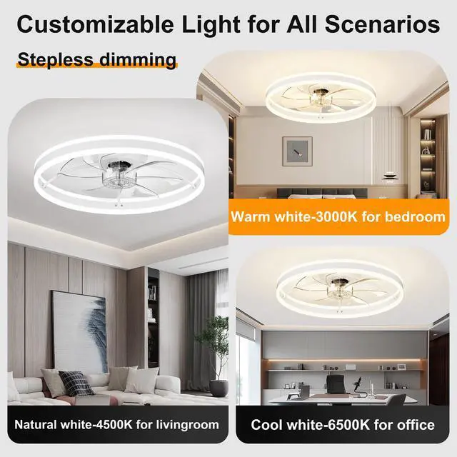 Alt view image 2 of 7 - 23.6 inch Ceiling Fan with Light, Quiet Dc Motor, Dimmable 3-Color Temperature 3000K-6500K, App & Remote Control, with Timing