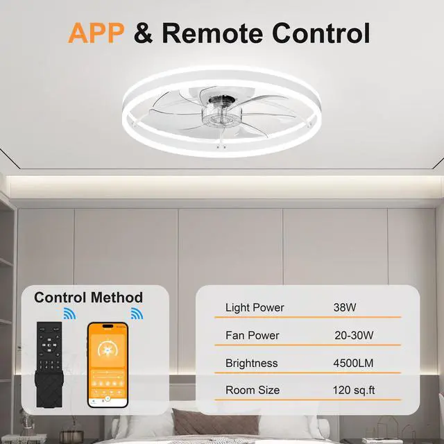 Alt view image 5 of 7 - 23.6 inch Ceiling Fan with Light, Quiet Dc Motor, Dimmable 3-Color Temperature 3000K-6500K, App & Remote Control, with Timing
