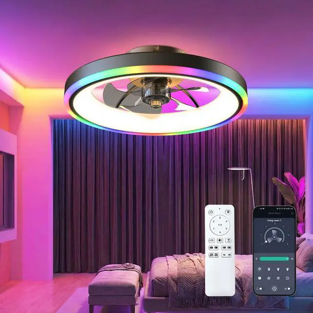 Main image of 19.7" Modern Rgb Ceiling Fan with Lights, Flush Mount Low Profile Fan with Remote & App, 6-Speed Reversible Silent Dc Motor, Dimmable 3000-6500K Led for Bedroom, Black