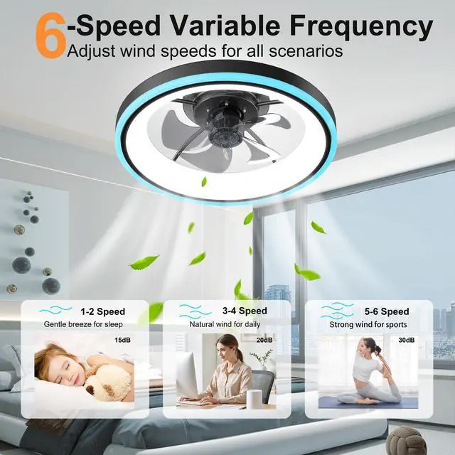 Alt view image 3 of 7 - 19.7" Modern Rgb Ceiling Fan with Lights, Flush Mount Low Profile Fan with Remote & App, 6-Speed Reversible Silent Dc Motor, Dimmable 3000-6500K Led for Bedroom, Black