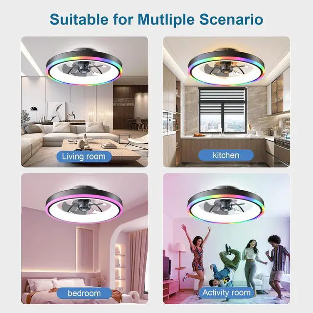 Alt view image 4 of 7 - 19.7" Modern Rgb Ceiling Fan with Lights, Flush Mount Low Profile Fan with Remote & App, 6-Speed Reversible Silent Dc Motor, Dimmable 3000-6500K Led for Bedroom, Black