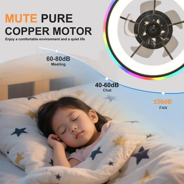 Alt view image 6 of 7 - 19.7" Modern Rgb Ceiling Fan with Lights, Flush Mount Low Profile Fan with Remote & App, 6-Speed Reversible Silent Dc Motor, Dimmable 3000-6500K Led for Bedroom, Black