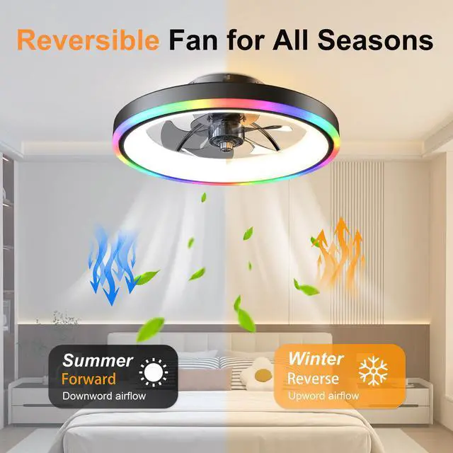 Alt view image 7 of 7 - 19.7" Modern Rgb Ceiling Fan with Lights, Flush Mount Low Profile Fan with Remote & App, 6-Speed Reversible Silent Dc Motor, Dimmable 3000-6500K Led for Bedroom, Black