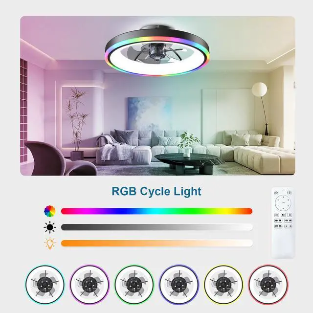 Alt view image 5 of 7 - 19.7" Modern Rgb Ceiling Fan with Lights, Flush Mount Low Profile Fan with Remote & App, 6-Speed Reversible Silent Dc Motor, Dimmable 3000-6500K Led for Bedroom, Black