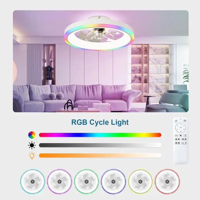 Alt view image 3 of 7 - 19.7" Modern Rgb Ceiling Fan with Lights, Flush Mount Low Profile Fan with Remote & App, 6-Speed Reversible Silent Dc Motor, Dimmable 3000-6500K Led for Bedroom, White