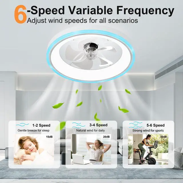 Alt view image 2 of 7 - 19.7" Modern Rgb Ceiling Fan with Lights, Flush Mount Low Profile Fan with Remote & App, 6-Speed Reversible Silent Dc Motor, Dimmable 3000-6500K Led for Bedroom, White