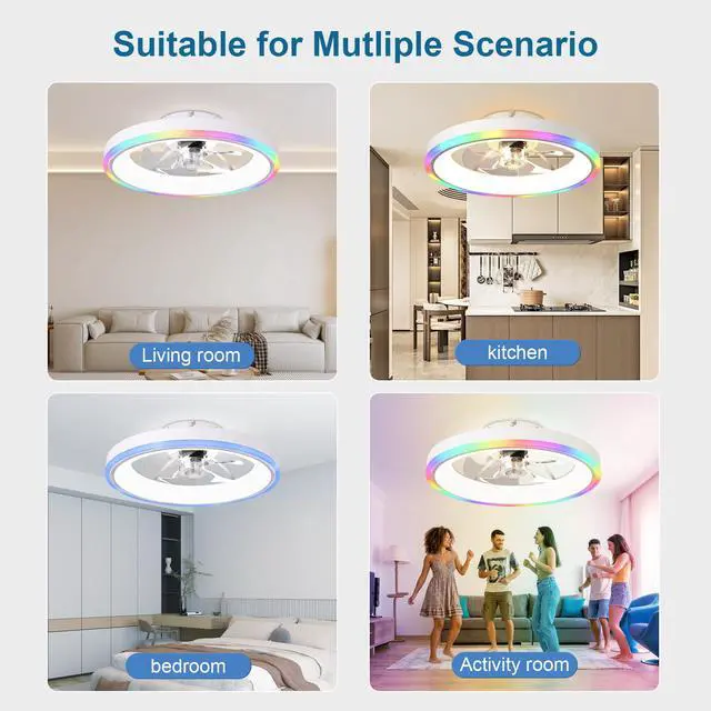 Alt view image 4 of 7 - 19.7" Modern Rgb Ceiling Fan with Lights, Flush Mount Low Profile Fan with Remote & App, 6-Speed Reversible Silent Dc Motor, Dimmable 3000-6500K Led for Bedroom, White