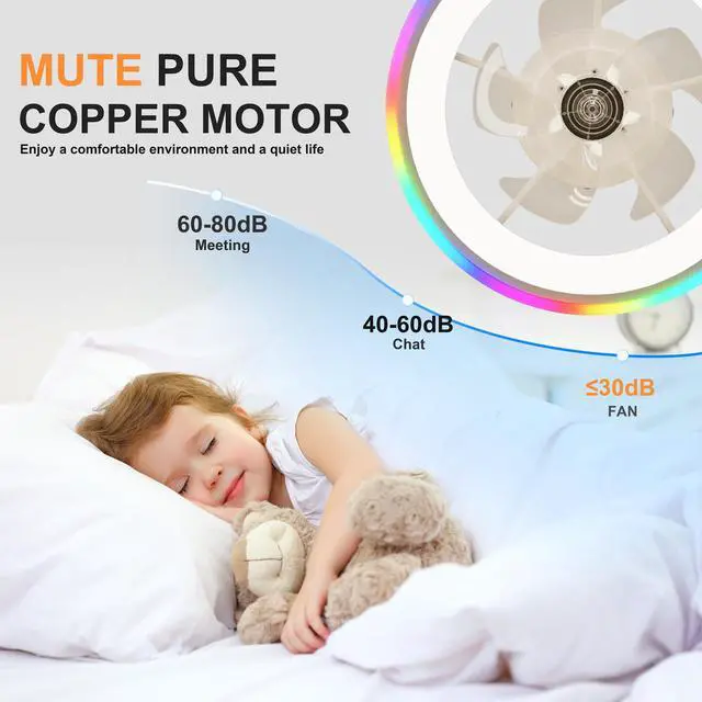 Alt view image 5 of 7 - 19.7" Modern Rgb Ceiling Fan with Lights, Flush Mount Low Profile Fan with Remote & App, 6-Speed Reversible Silent Dc Motor, Dimmable 3000-6500K Led for Bedroom, White