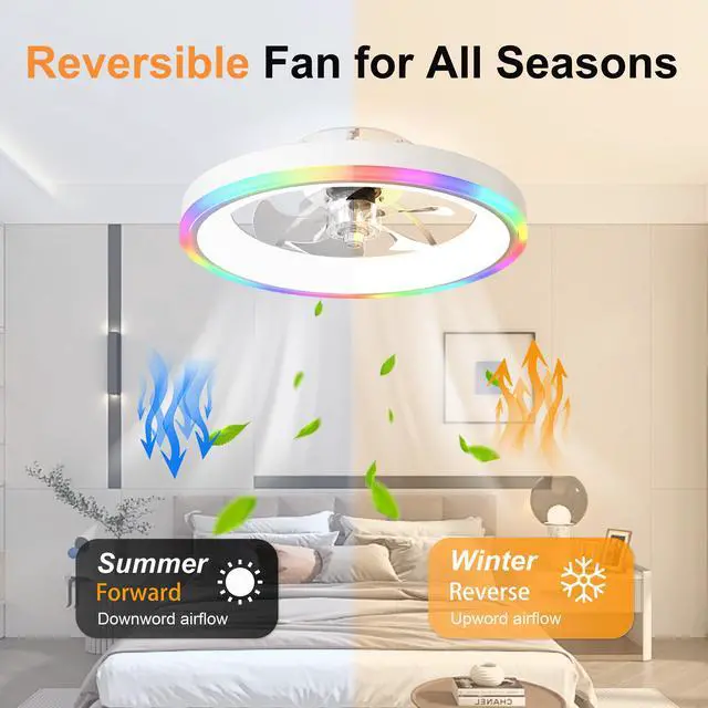 Alt view image 6 of 7 - 19.7" Modern Rgb Ceiling Fan with Lights, Flush Mount Low Profile Fan with Remote & App, 6-Speed Reversible Silent Dc Motor, Dimmable 3000-6500K Led for Bedroom, White