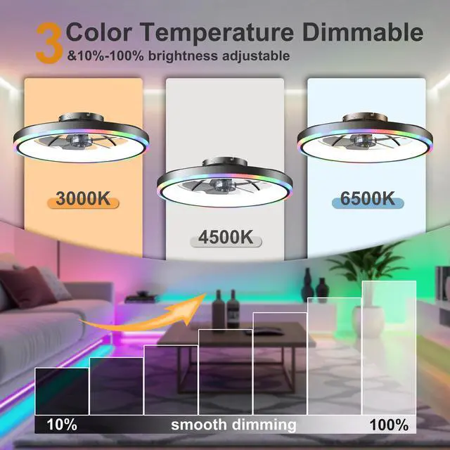 Alt view image 2 of 7 - 23.6" Modern Rgb Ceiling Fan with Lights, Flush Mount Low Profile Fan with Remote & App, 6-Speed Reversible Silent Dc Motor, Dimmable 3000-6500K Led for Bedroom, Black