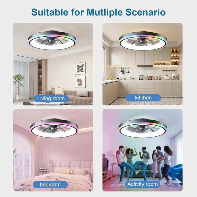 Alt view image 3 of 7 - 23.6" Modern Rgb Ceiling Fan with Lights, Flush Mount Low Profile Fan with Remote & App, 6-Speed Reversible Silent Dc Motor, Dimmable 3000-6500K Led for Bedroom, Black
