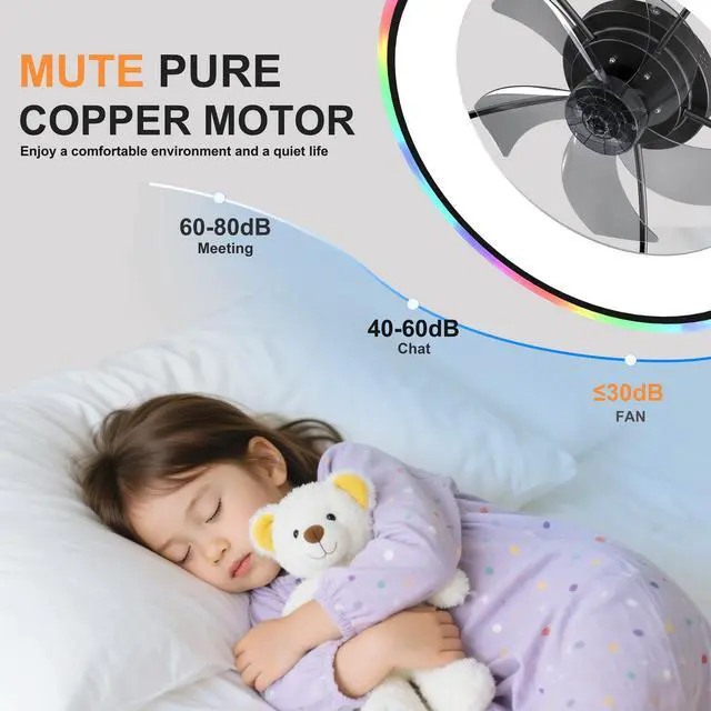 Alt view image 4 of 7 - 23.6" Modern Rgb Ceiling Fan with Lights, Flush Mount Low Profile Fan with Remote & App, 6-Speed Reversible Silent Dc Motor, Dimmable 3000-6500K Led for Bedroom, Black