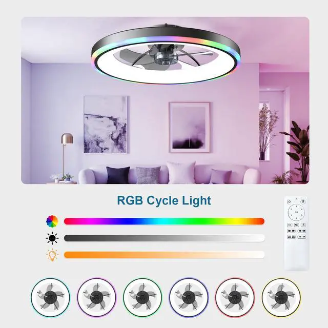Alt view image 5 of 7 - 23.6" Modern Rgb Ceiling Fan with Lights, Flush Mount Low Profile Fan with Remote & App, 6-Speed Reversible Silent Dc Motor, Dimmable 3000-6500K Led for Bedroom, Black