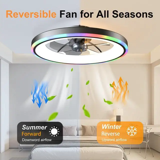 Alt view image 6 of 7 - 23.6" Modern Rgb Ceiling Fan with Lights, Flush Mount Low Profile Fan with Remote & App, 6-Speed Reversible Silent Dc Motor, Dimmable 3000-6500K Led for Bedroom, Black
