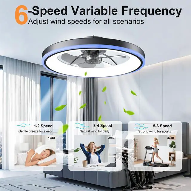 Alt view image 7 of 7 - 23.6" Modern Rgb Ceiling Fan with Lights, Flush Mount Low Profile Fan with Remote & App, 6-Speed Reversible Silent Dc Motor, Dimmable 3000-6500K Led for Bedroom, Black