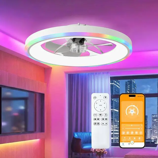 Main image of 23.6" Modern Rgb Ceiling Fan with Lights, Flush Mount Low Profile Fan with Remote & App, 6-Speed Reversible Silent Dc Motor, Dimmable 3000-6500K Led for Bedroom, White
