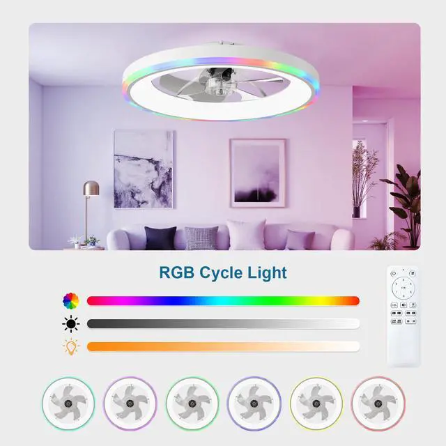 Alt view image 5 of 7 - 23.6" Modern Rgb Ceiling Fan with Lights, Flush Mount Low Profile Fan with Remote & App, 6-Speed Reversible Silent Dc Motor, Dimmable 3000-6500K Led for Bedroom, White